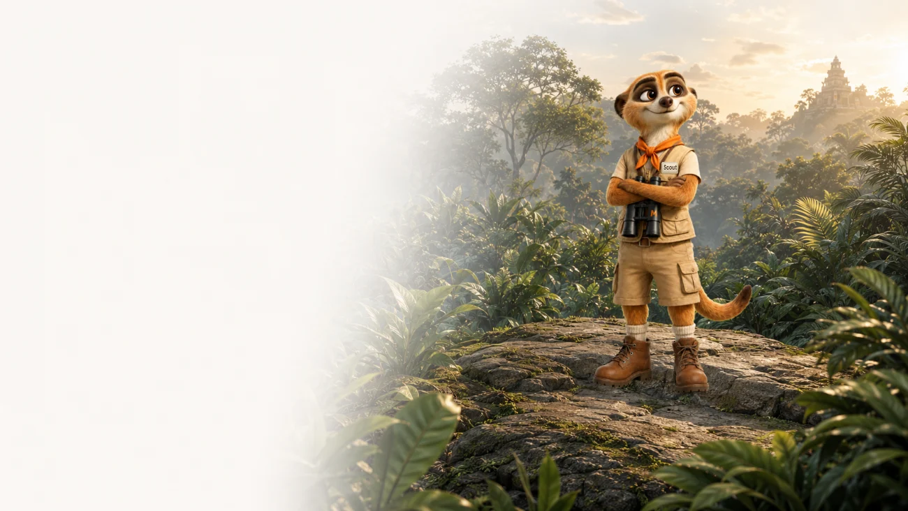 Scout, the Meerkat Scout mascot, standing watch over a jungle canopy