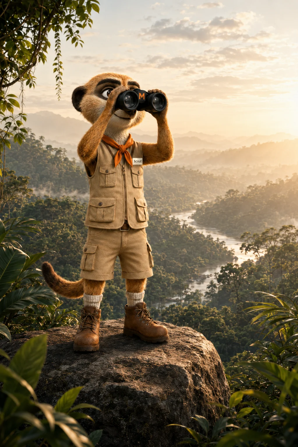 Scout with binoculars, overlooking a jungle valley
