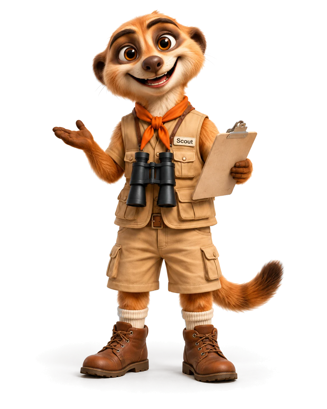 Meerkat Scout with a clipboard, presenting the product card