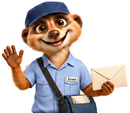 Scout, dressed as a mail carrier, waving with a letter in hand