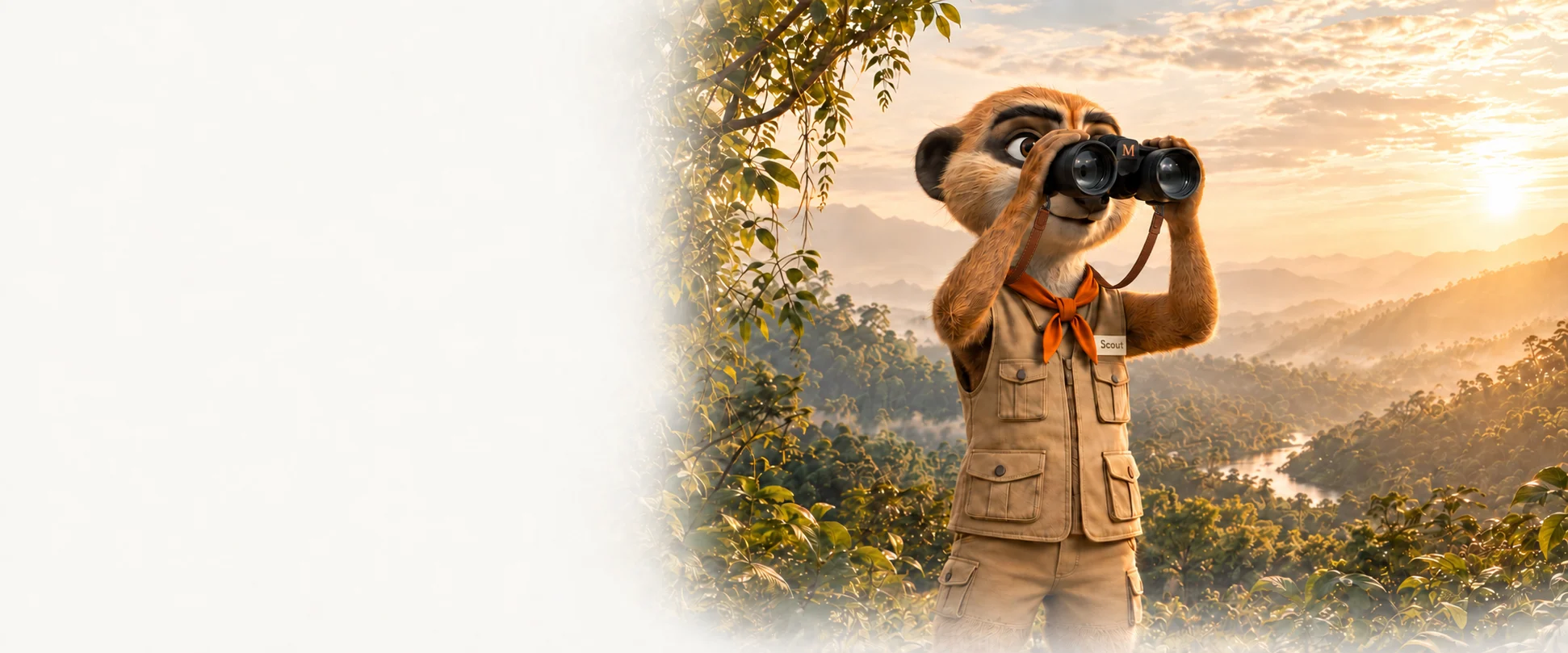 Meerkat Scout scanning the horizon through binoculars at sunrise